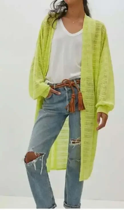 Anthropologie Serenity Neon Lime Green Open Knit Long Cardigan Sweater - Picture 1 of 6